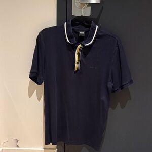 BOSS Navy Polo with White-Trim Collar and Yellow Stripe Placket